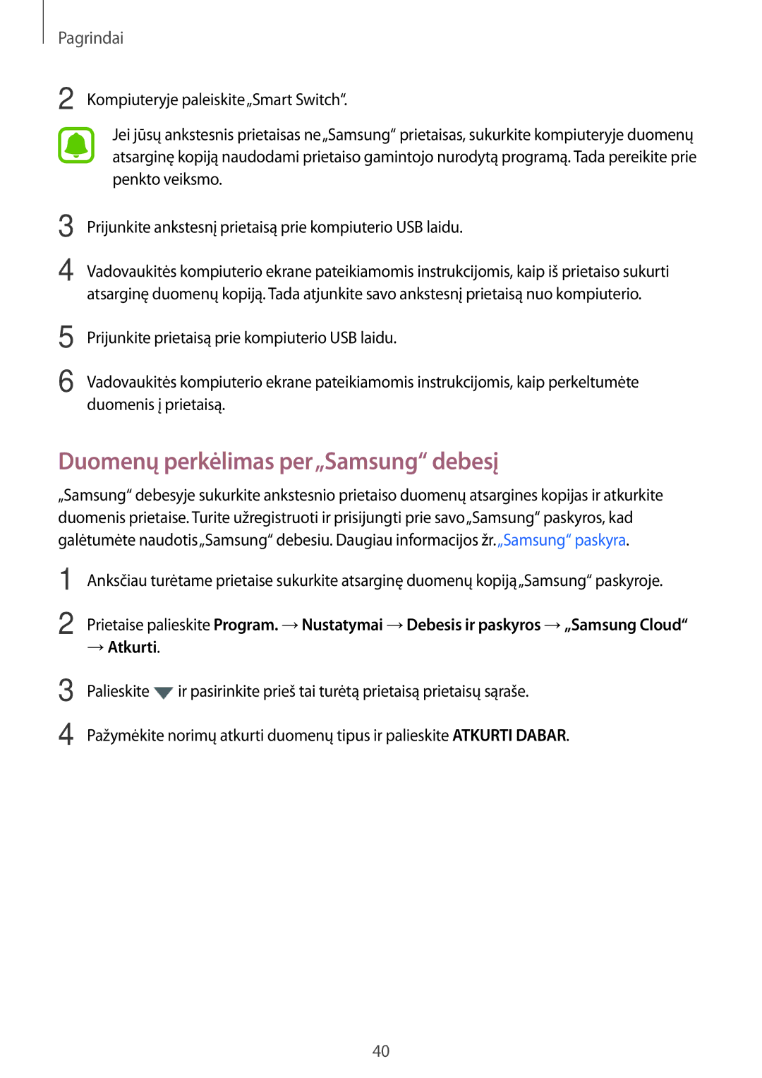 Samsung SM-T813NZKESEB, SM-T813NZWESEB manual Duomenų perkėlimas per„Samsung debesį, → Atkurti 