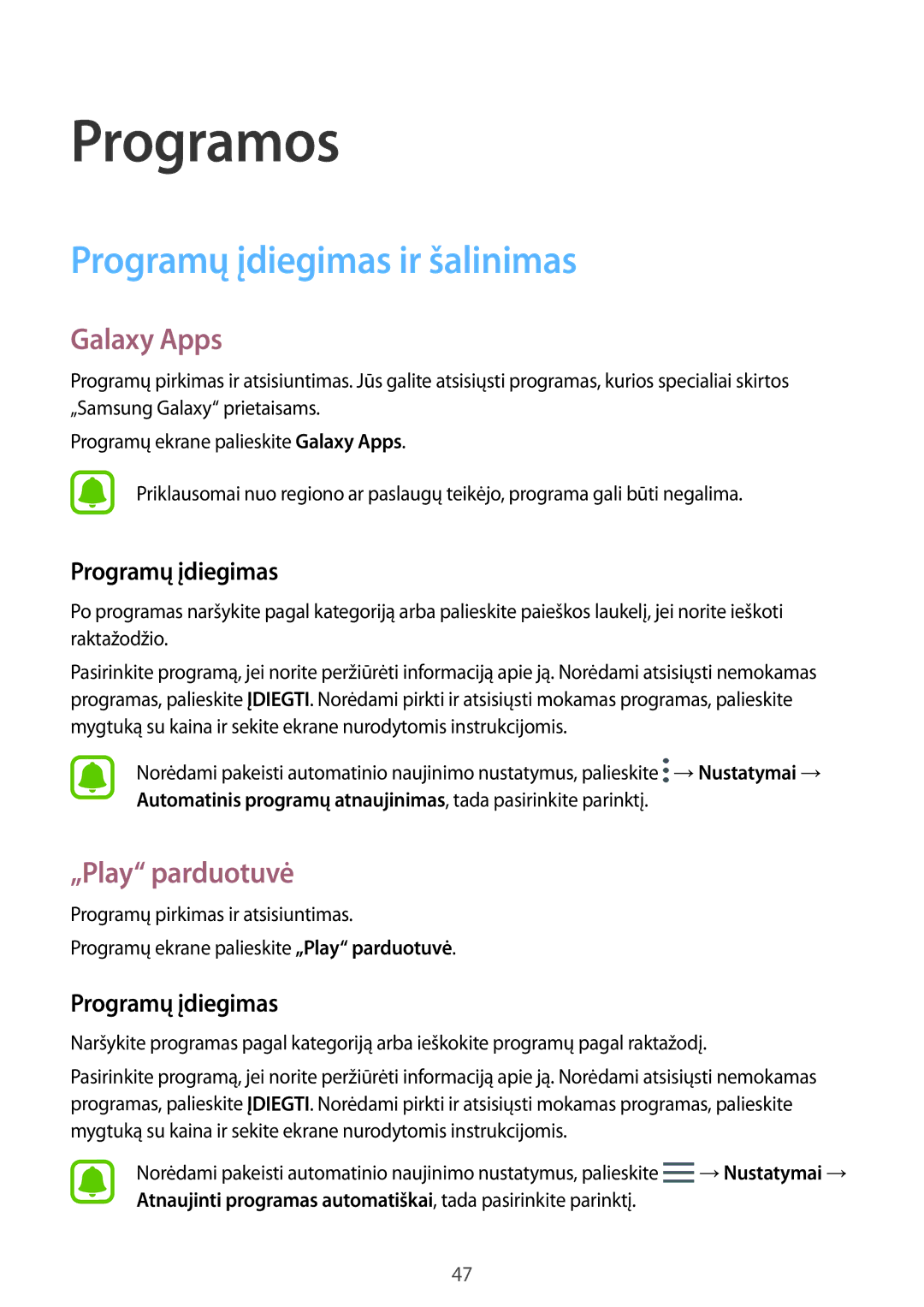 Samsung SM-T813NZWESEB, SM-T813NZKESEB manual Programų įdiegimas ir šalinimas, Galaxy Apps, „Play parduotuvė 