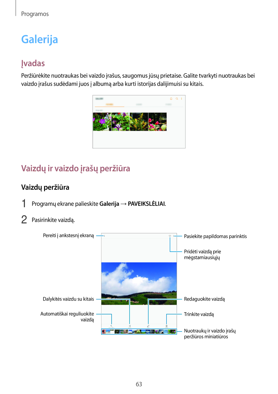 Samsung SM-T813NZWESEB, SM-T813NZKESEB manual Galerija, Vaizdų ir vaizdo įrašų peržiūra, Vaizdų peržiūra 