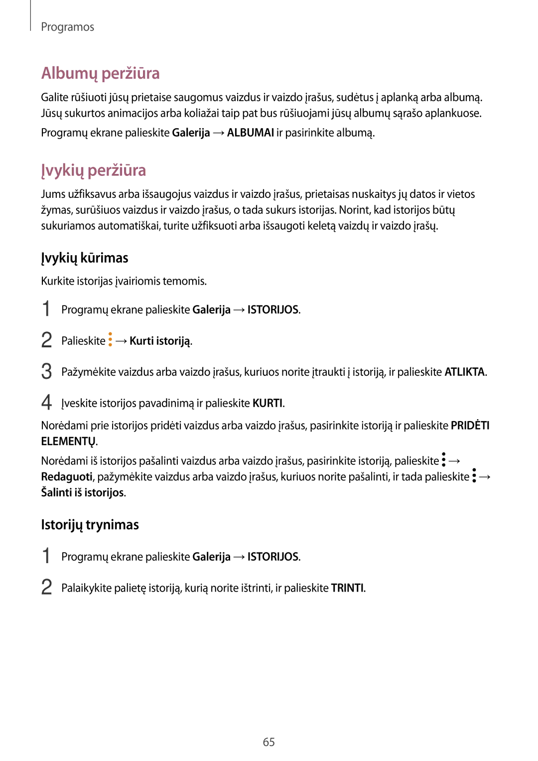 Samsung SM-T813NZWESEB, SM-T813NZKESEB manual Albumų peržiūra, Įvykių peržiūra, Įvykių kūrimas, Istorijų trynimas 