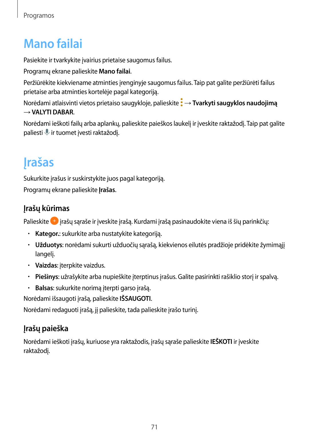 Samsung SM-T813NZWESEB, SM-T813NZKESEB manual Mano failai, Įrašas, Įrašų kūrimas, Įrašų paieška 