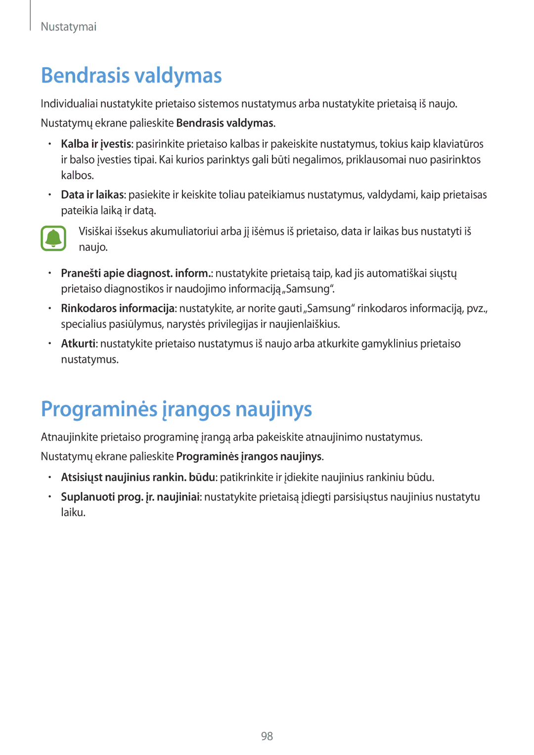 Samsung SM-T813NZKESEB, SM-T813NZWESEB manual Bendrasis valdymas, Programinės įrangos naujinys 