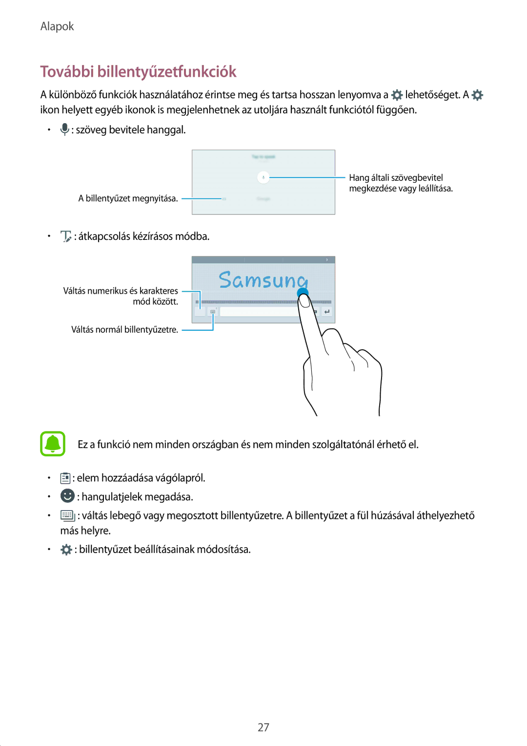 Samsung SM-T713NZKEXEH, SM-T813NZKEXEH, SM-T713NZWEXEH, SM-T813NZWEXEH manual További billentyűzetfunkciók 