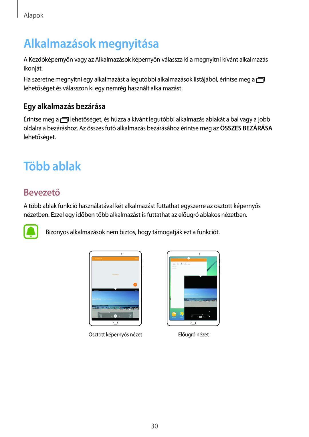 Samsung SM-T813NZWEXEH, SM-T813NZKEXEH manual Alkalmazások megnyitása, Több ablak, Bevezető, Egy alkalmazás bezárása 