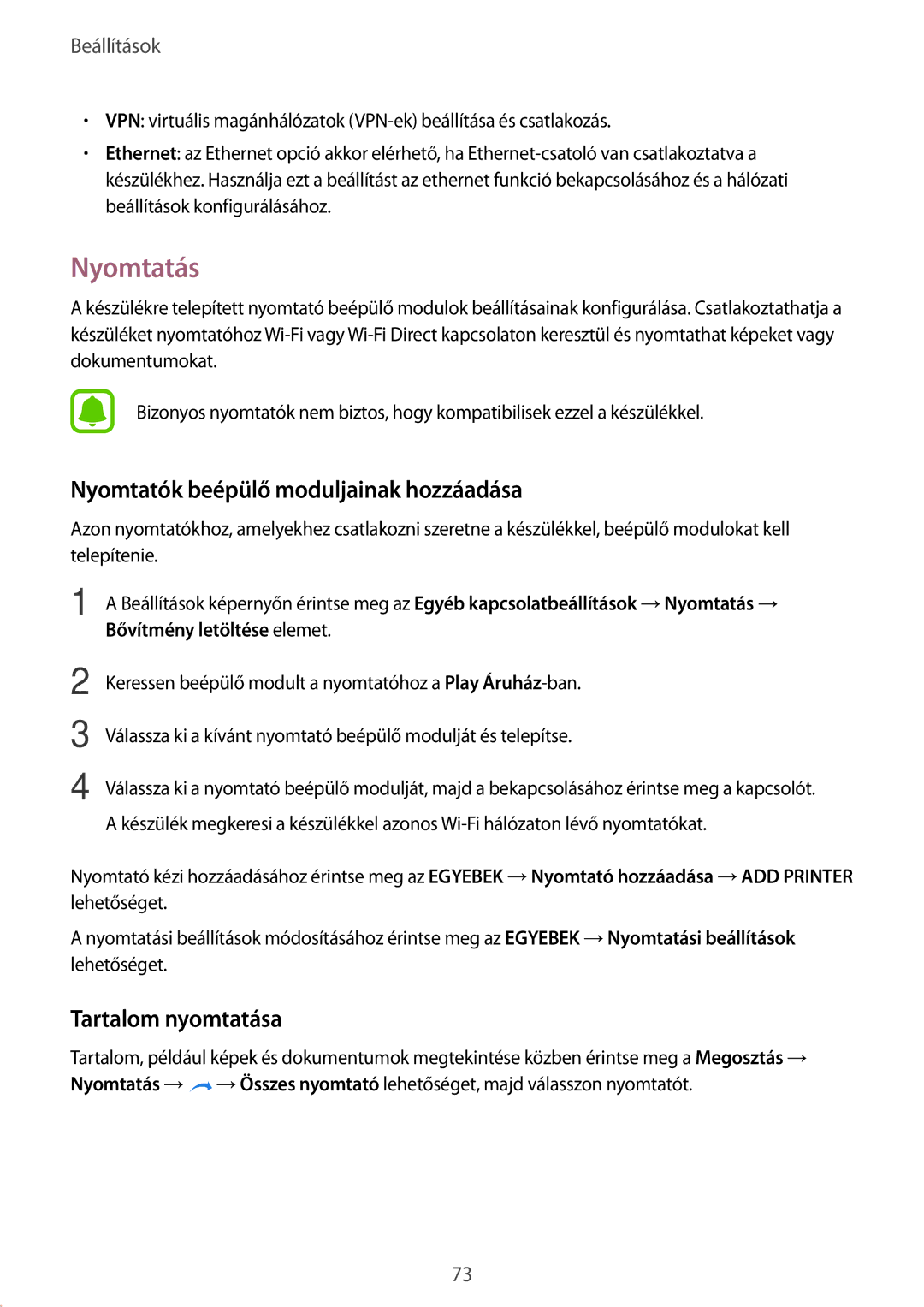 Samsung SM-T713NZWEXEH, SM-T813NZKEXEH manual Nyomtatás, Nyomtatók beépülő moduljainak hozzáadása, Tartalom nyomtatása 