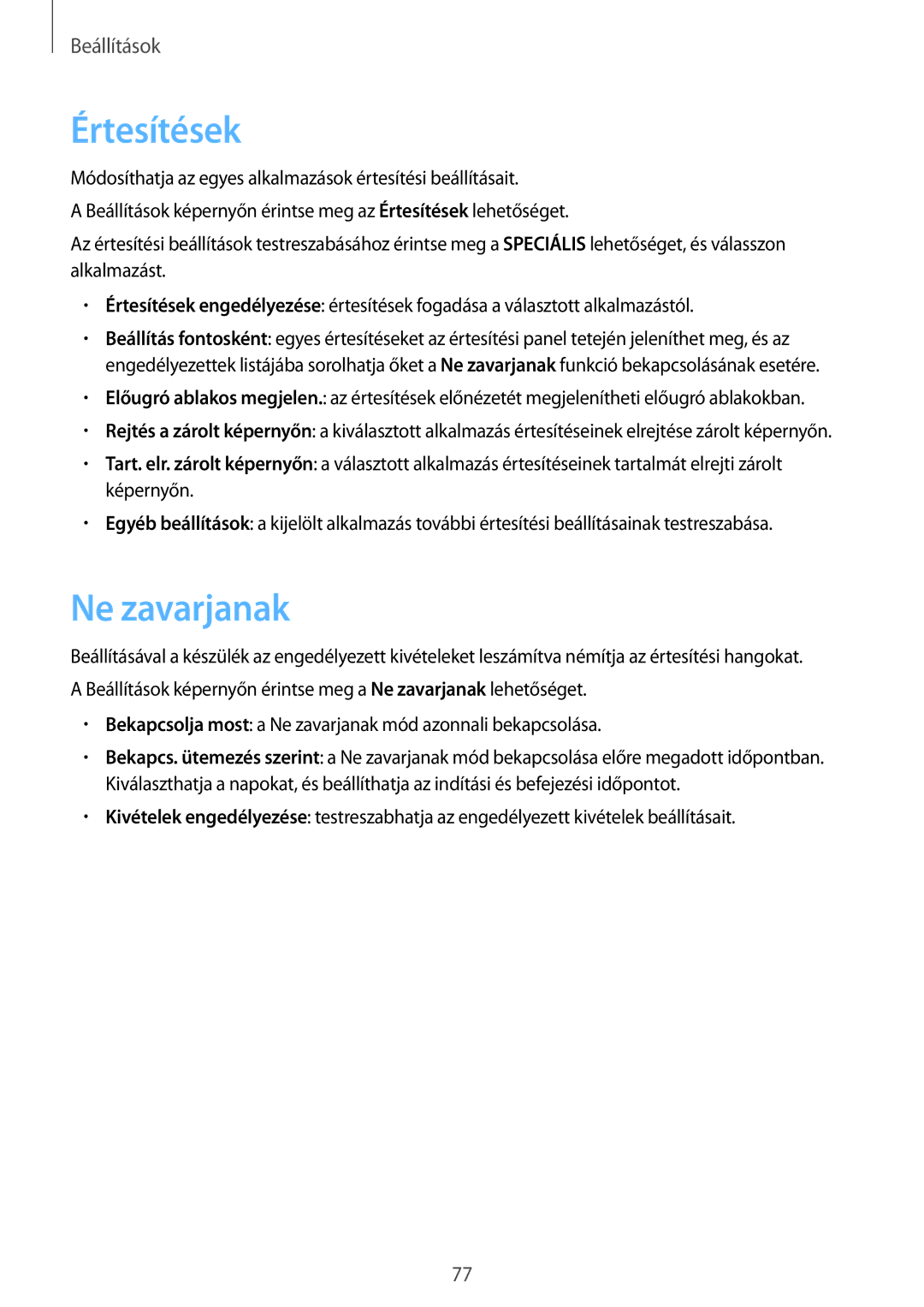 Samsung SM-T713NZWEXEH, SM-T813NZKEXEH, SM-T813NZWEXEH, SM-T713NZKEXEH manual Értesítések, Ne zavarjanak 