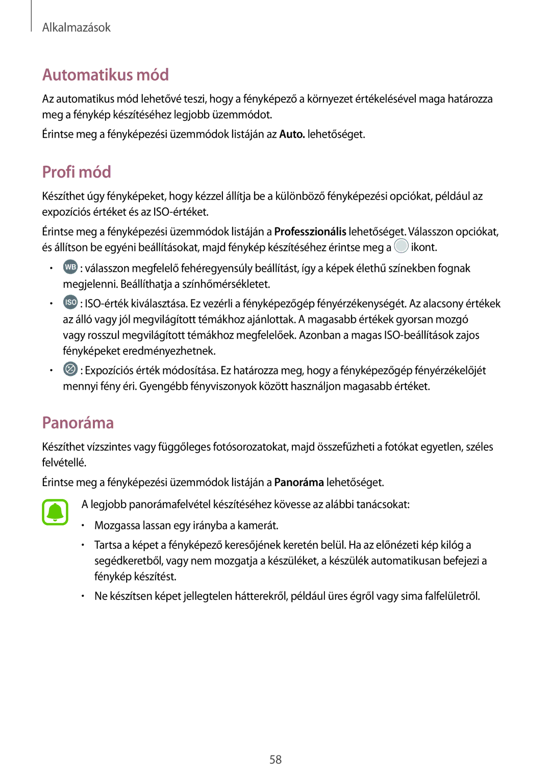 Samsung SM-T813NZWEXEH, SM-T813NZKEXEH, SM-T713NZWEXEH, SM-T713NZKEXEH manual Automatikus mód, Profi mód, Panoráma 