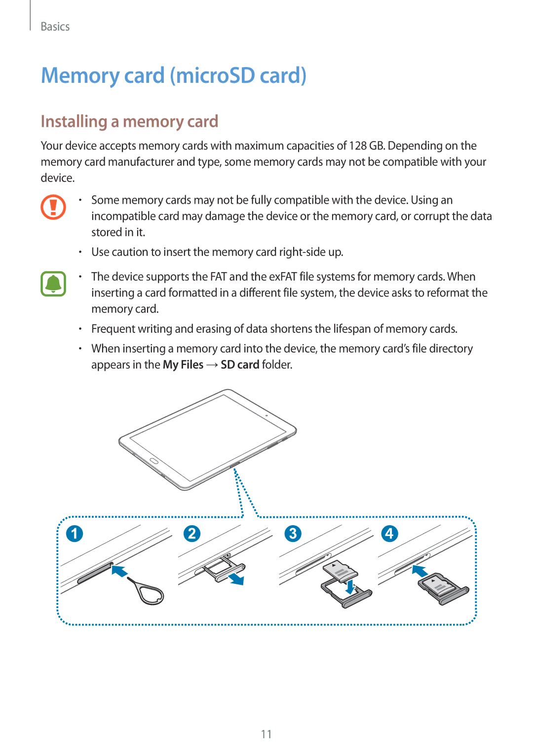 Samsung SM-T813NZWEXEO, SM-T813NZWEDBT, SM-T813NZKEDBT, SM-T713NZKETPH Memory card microSD card, Installing a memory card 