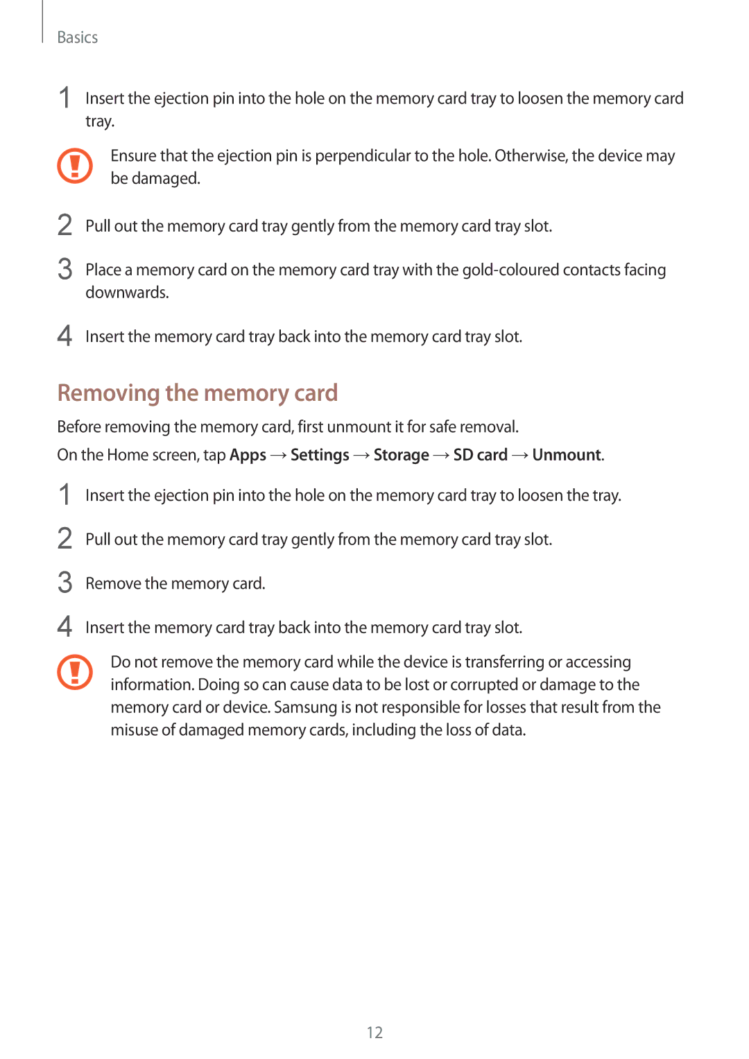 Samsung SM-T813NZKEPHN, SM-T813NZWEDBT, SM-T813NZKEDBT, SM-T713NZKETPH, SM-T713NZKEEUR manual Removing the memory card 