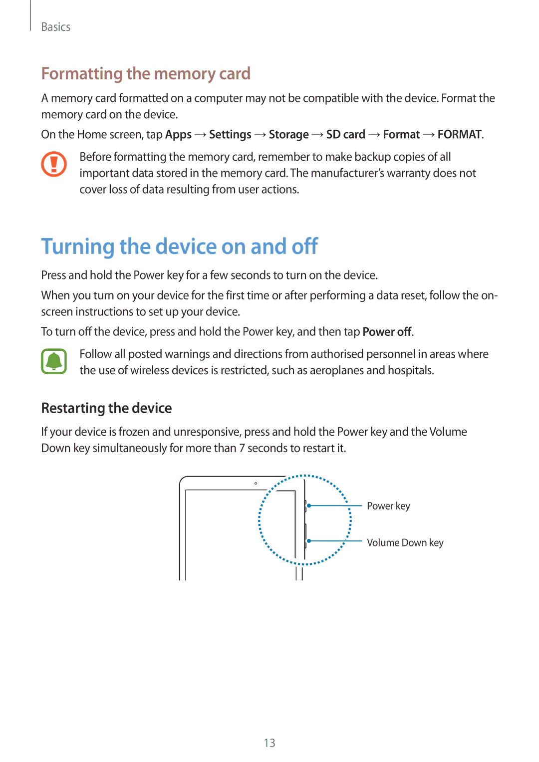 Samsung SM-T813NZKEITV, SM-T813NZWEDBT Turning the device on and off, Formatting the memory card, Restarting the device 