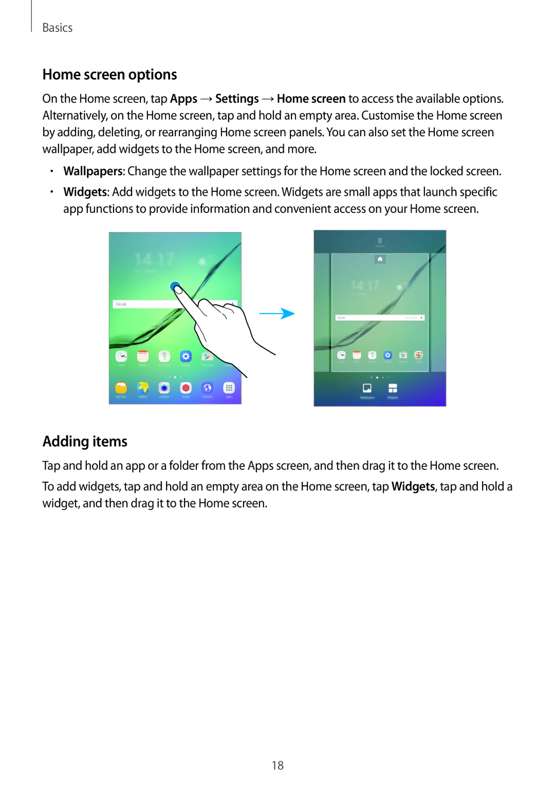 Samsung SM-T813NZDEPHN, SM-T813NZWEDBT, SM-T813NZKEDBT, SM-T713NZKETPH, SM-T713NZKEEUR manual Home screen options, Adding items 