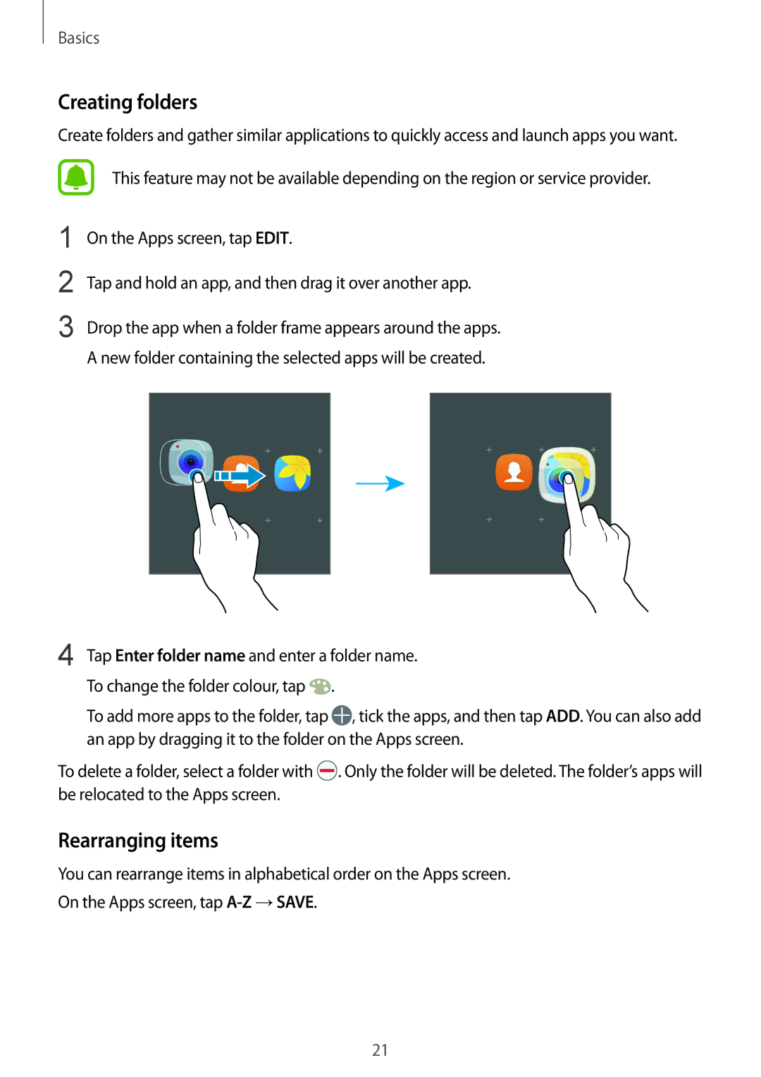 Samsung SM-T713NZWEPHN, SM-T813NZWEDBT, SM-T813NZKEDBT, SM-T713NZKETPH manual Rearranging items, On the Apps screen, tap Edit 