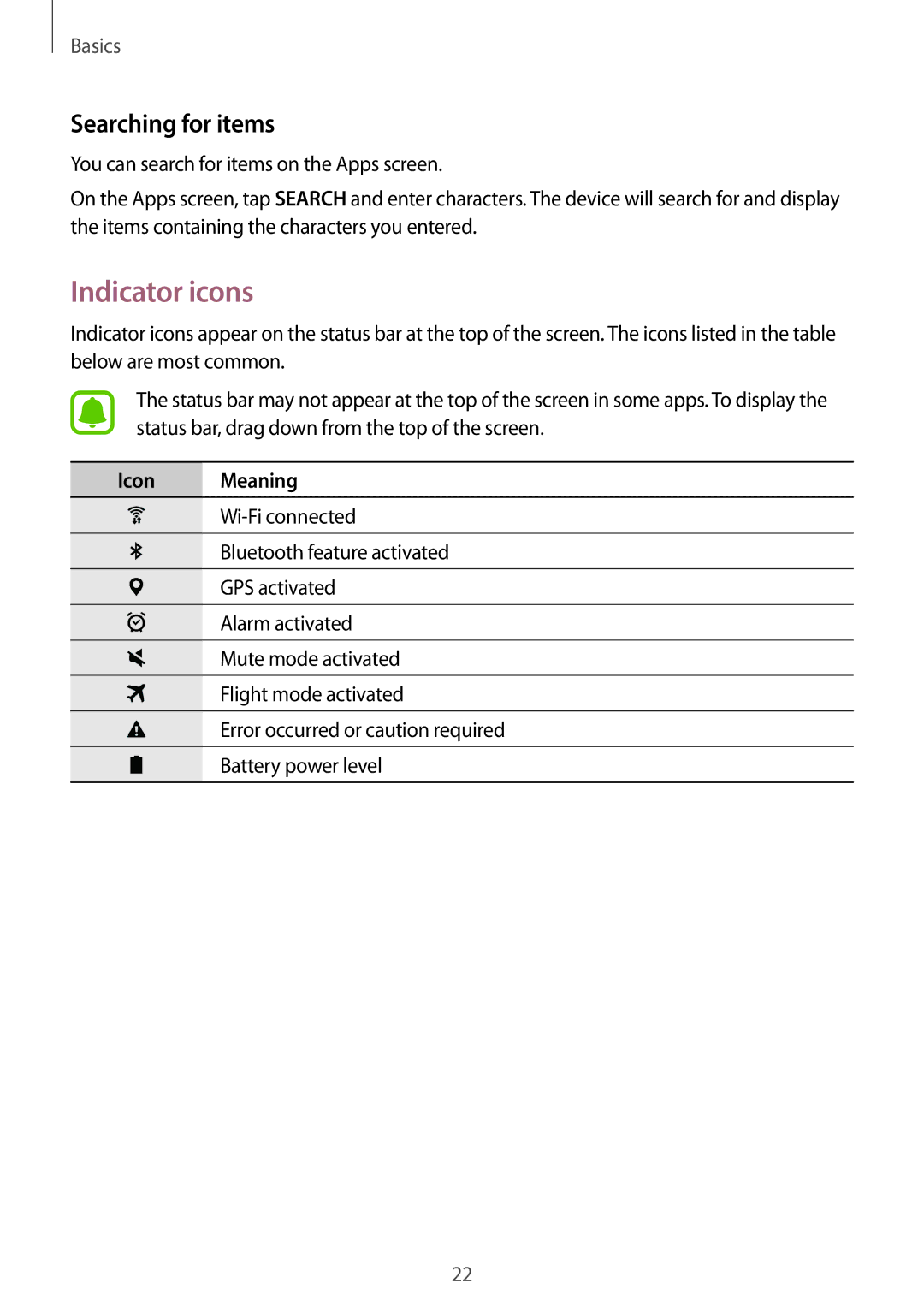 Samsung SM-T713NZKELUX, SM-T813NZWEDBT, SM-T813NZKEDBT, SM-T713NZKETPH Indicator icons, Searching for items, Icon Meaning 