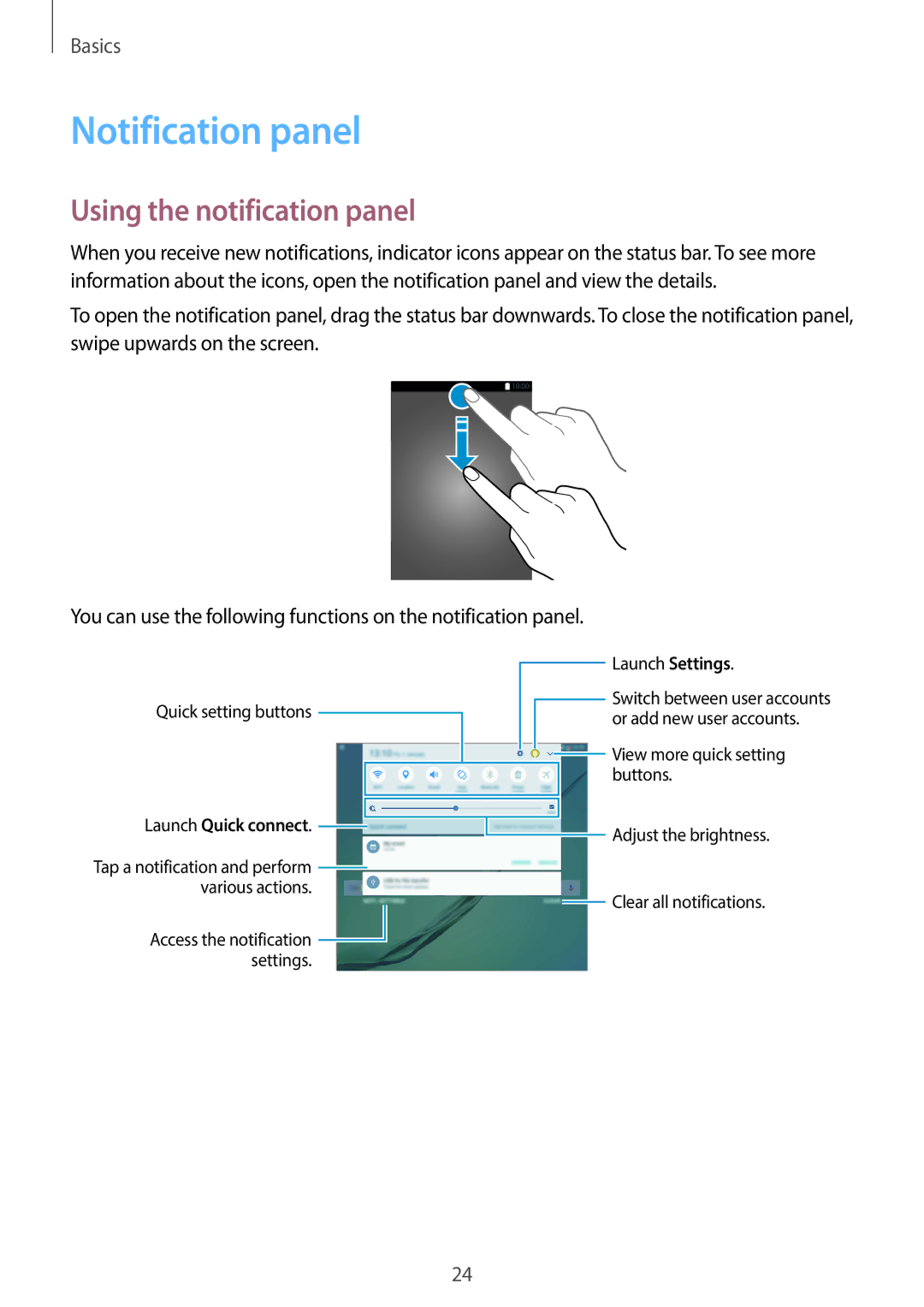 Samsung SM-T713NZKEITV, SM-T813NZWEDBT, SM-T813NZKEDBT, SM-T713NZKETPH manual Notification panel, Using the notification panel 