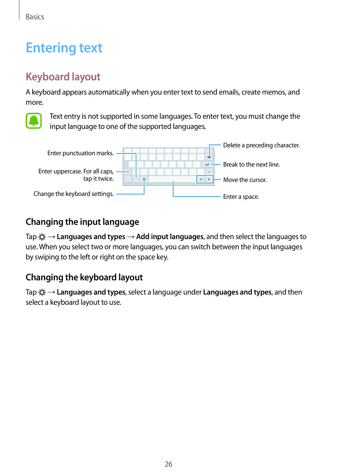 Samsung SM-T813NZWEPHN manual Entering text, Keyboard layout, Changing the input language, Changing the keyboard layout 