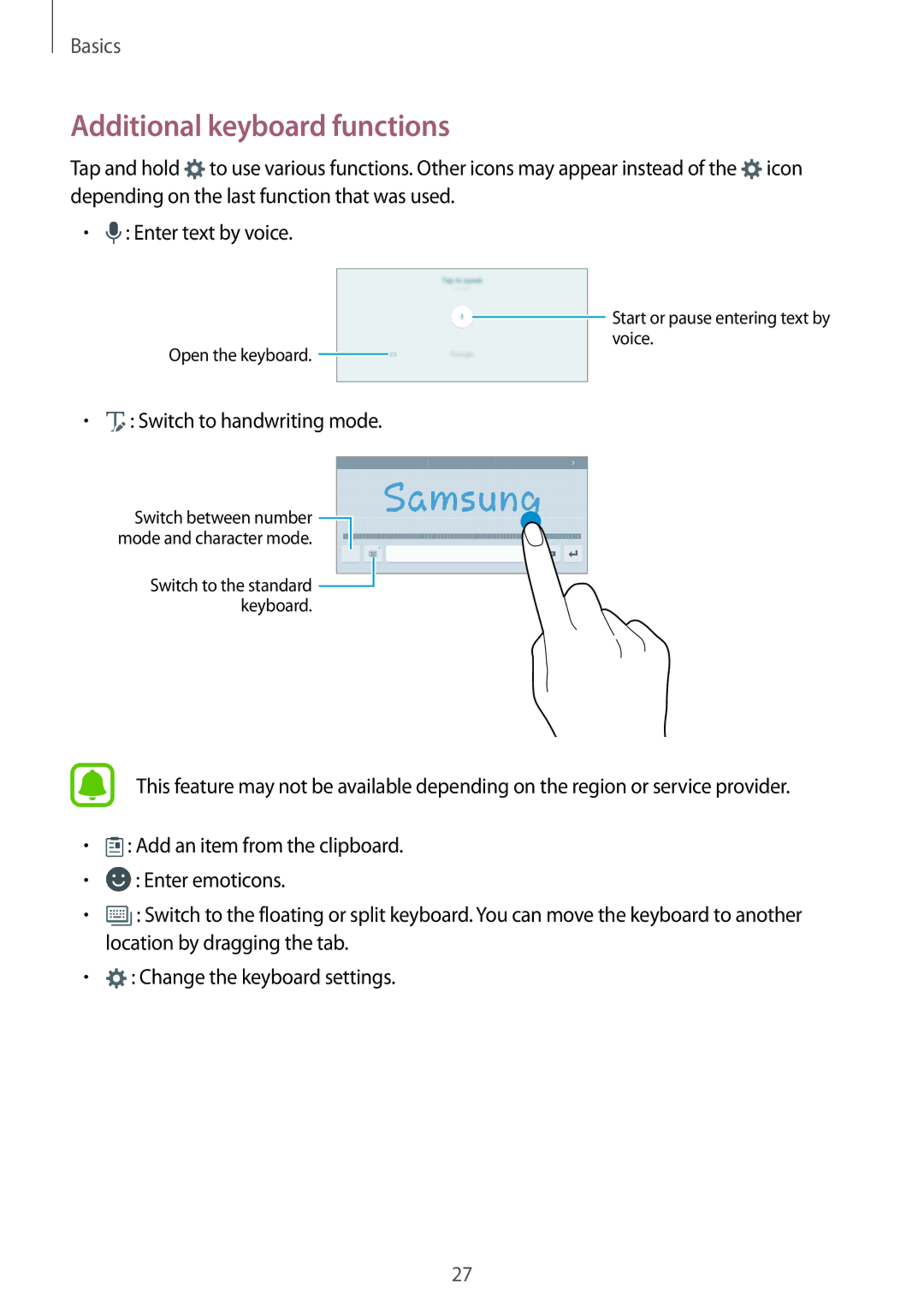 Samsung SM-T813NZWELUX, SM-T813NZWEDBT, SM-T813NZKEDBT manual Additional keyboard functions, Switch to handwriting mode 