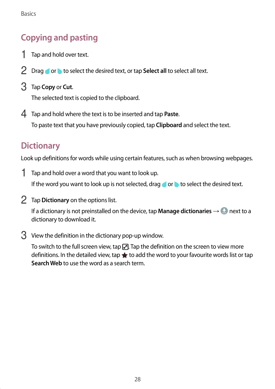 Samsung SM-T813NZKELUX, SM-T813NZWEDBT Copying and pasting, Dictionary, Tap and hold over a word that you want to look up 