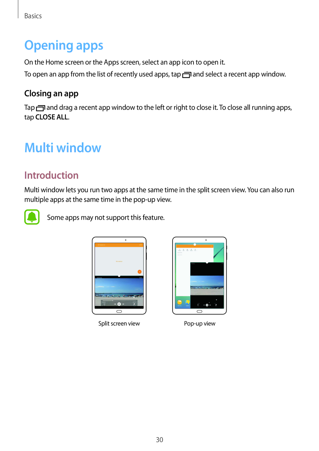 Samsung SM-T713NZDELUX, SM-T813NZWEDBT, SM-T813NZKEDBT manual Opening apps, Multi window, Introduction, Closing an app 