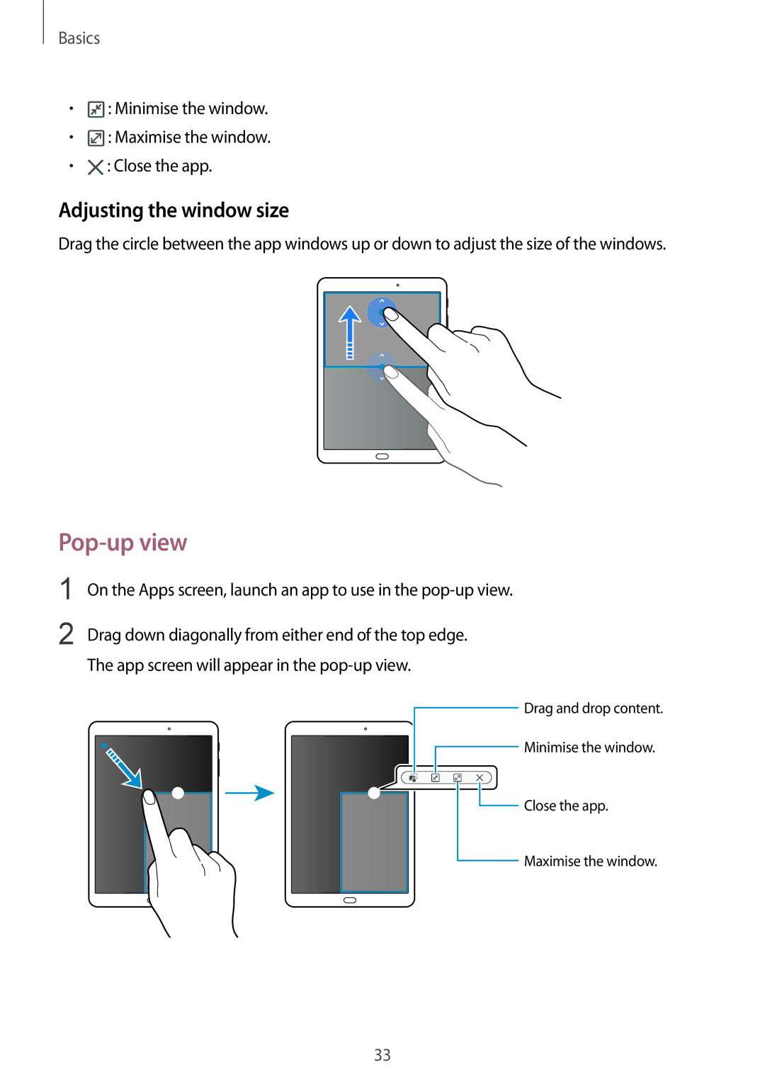 Samsung SM-T813NZWEPHE manual Pop-up view, Adjusting the window size, Minimise the window Maximise the window Close the app 