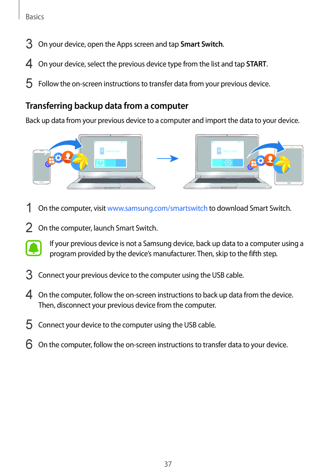 Samsung SM-T713NZKEXEZ, SM-T813NZWEDBT manual Transferring backup data from a computer, On the computer, launch Smart Switch 