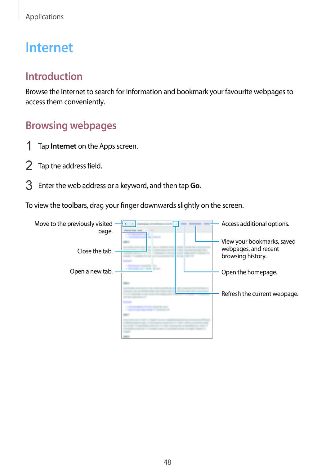 Samsung SM-T813NZKEILO, SM-T813NZWEDBT, SM-T813NZKEDBT, SM-T713NZKETPH, SM-T713NZKEEUR manual Internet, Browsing webpages 