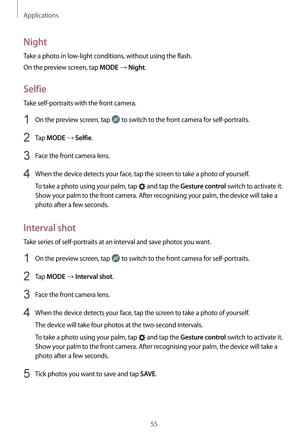 Samsung SM-T713NZKESER, SM-T813NZWEDBT, SM-T813NZKEDBT manual Night, Tap Mode →Selfie, Tap Mode →Interval shot 
