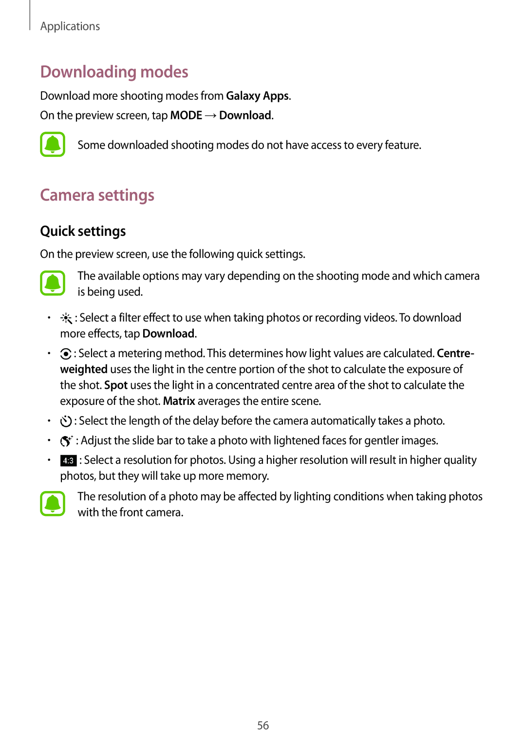 Samsung SM-T813NZKESER, SM-T813NZWEDBT, SM-T813NZKEDBT, SM-T713NZKETPH Downloading modes, Camera settings, Quick settings 