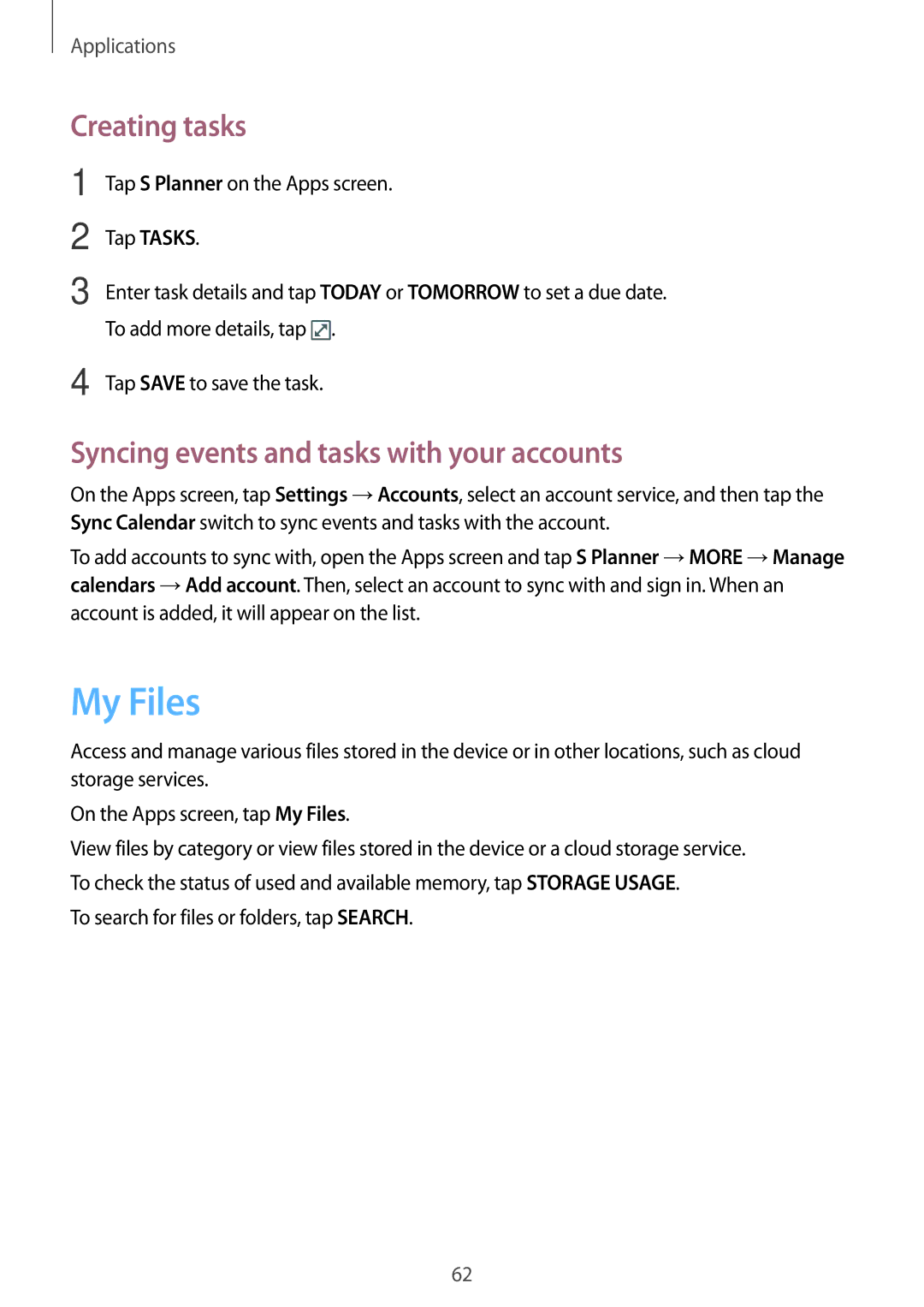 Samsung SM-T813NZWFXEF, SM-T813NZWEDBT manual My Files, Creating tasks, Syncing events and tasks with your accounts 