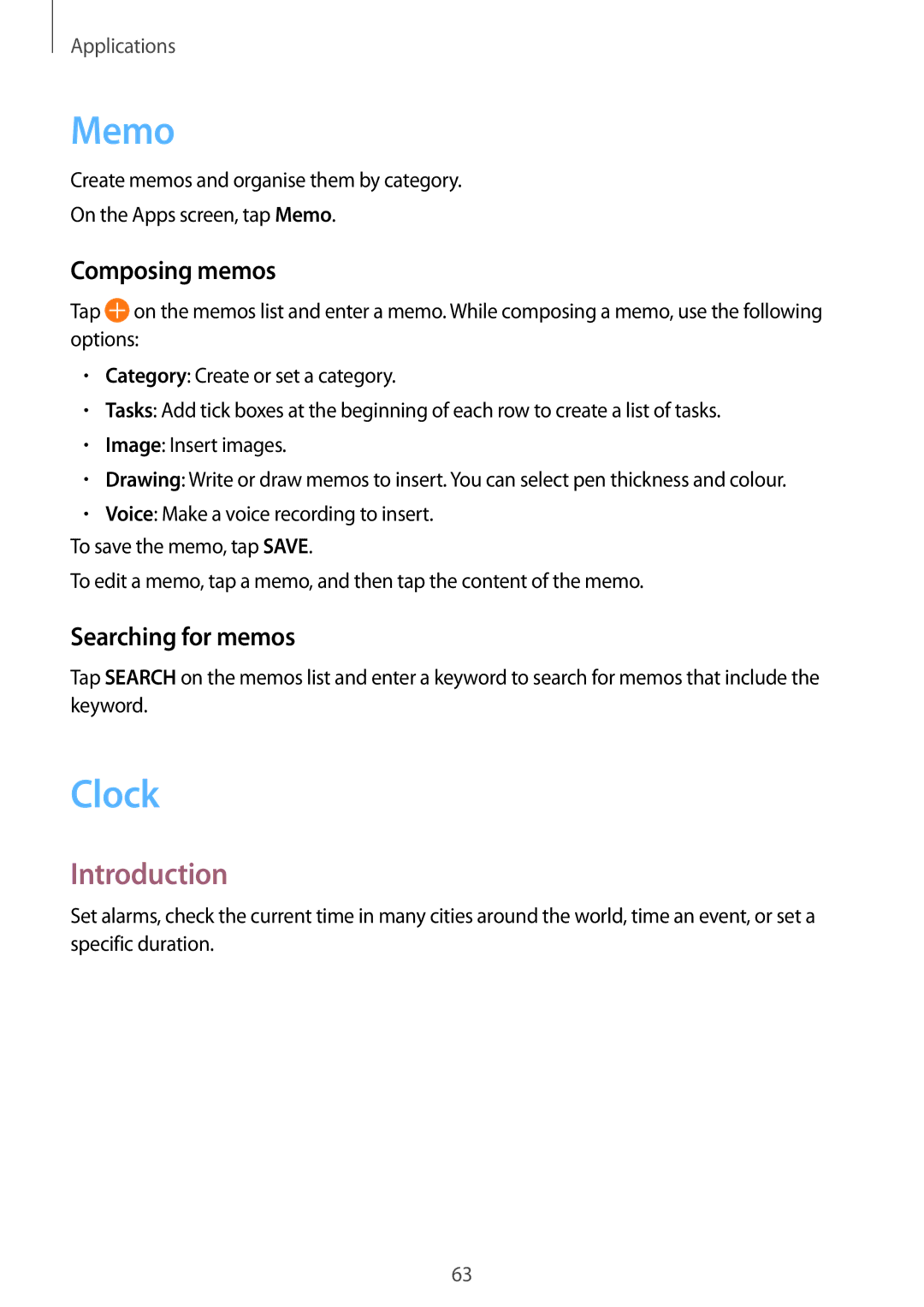 Samsung SM-T813NZKEXEF, SM-T813NZWEDBT, SM-T813NZKEDBT, SM-T713NZKETPH Memo, Clock, Composing memos, Searching for memos 