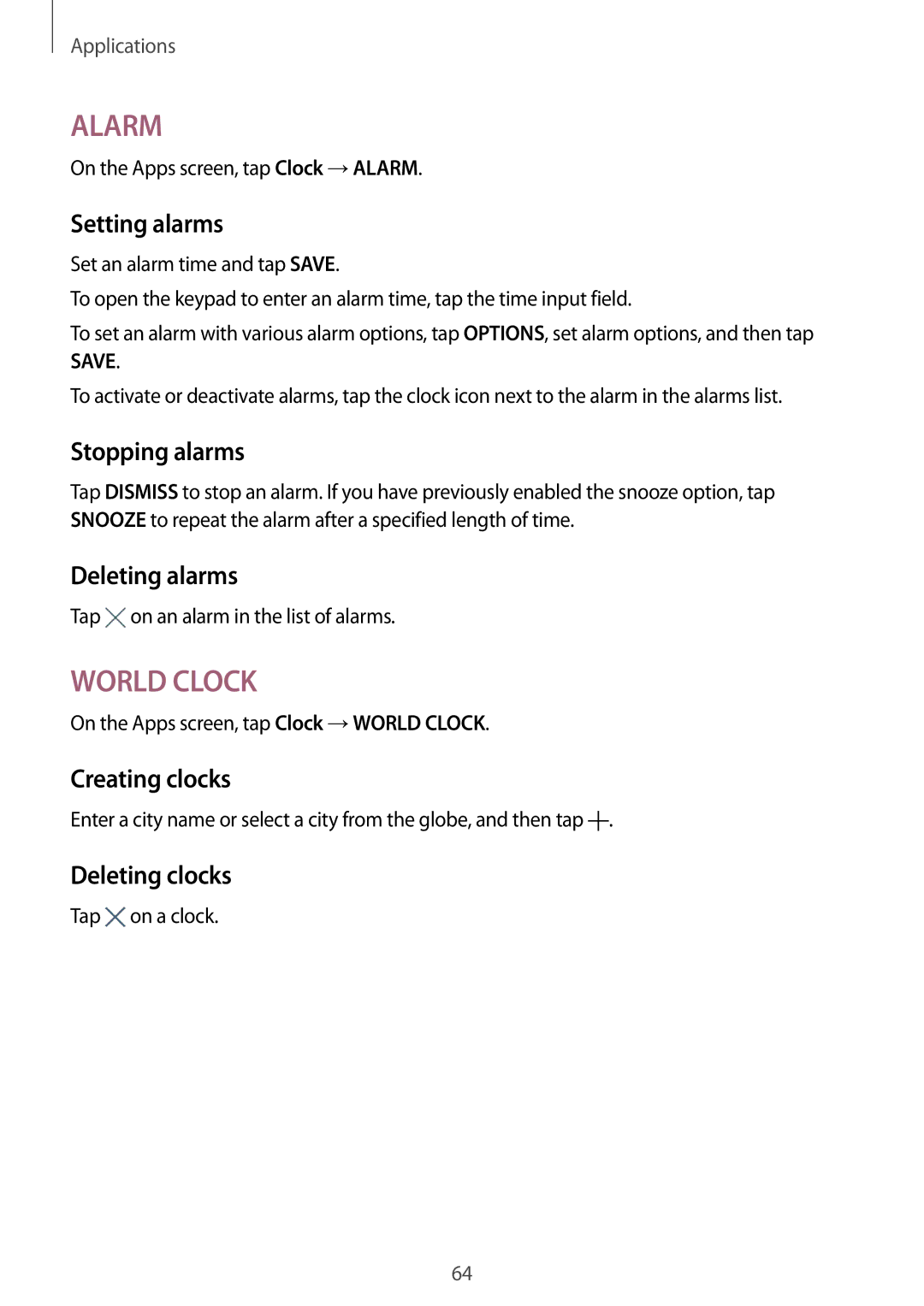 Samsung SM-T713NZKEXEF, SM-T813NZWEDBT Setting alarms, Stopping alarms, Deleting alarms, Creating clocks, Deleting clocks 