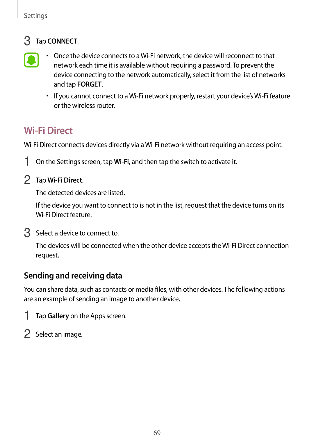 Samsung SM-T813NZKEPHN, SM-T813NZWEDBT, SM-T813NZKEDBT manual Sending and receiving data, Tap Connect, Tap Wi-Fi Direct 