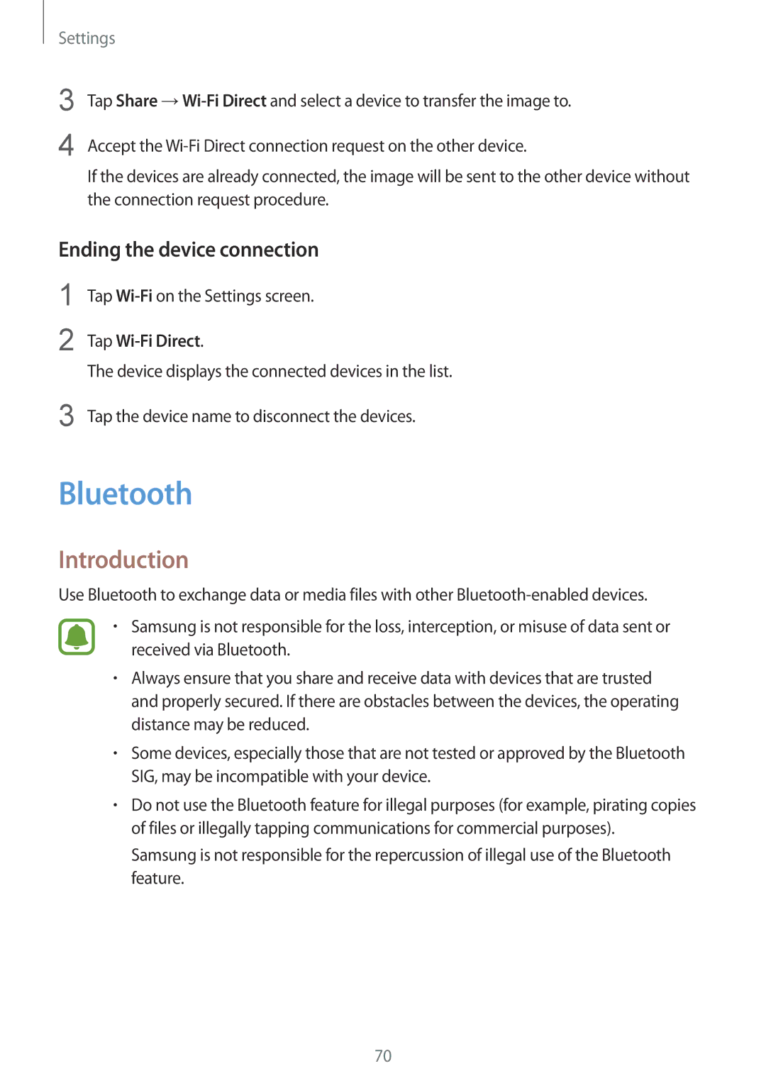 Samsung SM-T813NZKEITV, SM-T813NZWEDBT manual Bluetooth, Ending the device connection, Tap Wi-Fion the Settings screen 