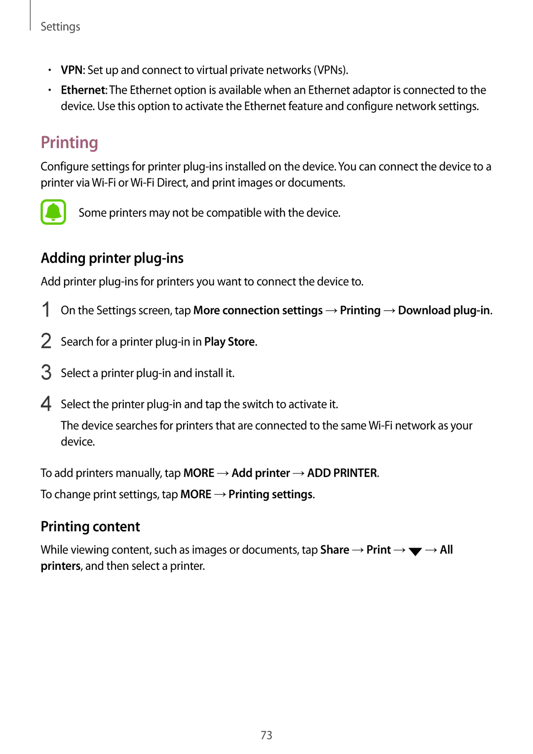 Samsung SM-T713NZKETUR, SM-T813NZWEDBT, SM-T813NZKEDBT, SM-T713NZKETPH manual Adding printer plug-ins, Printing content 