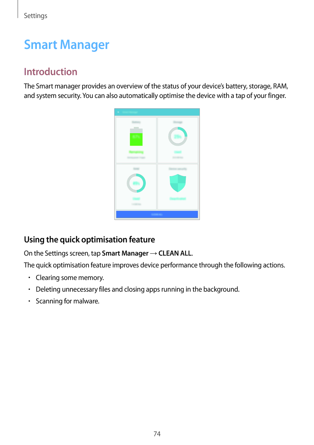 Samsung SM-T813NZWETUR, SM-T813NZWEDBT, SM-T813NZKEDBT, SM-T713NZKETPH Smart Manager, Using the quick optimisation feature 