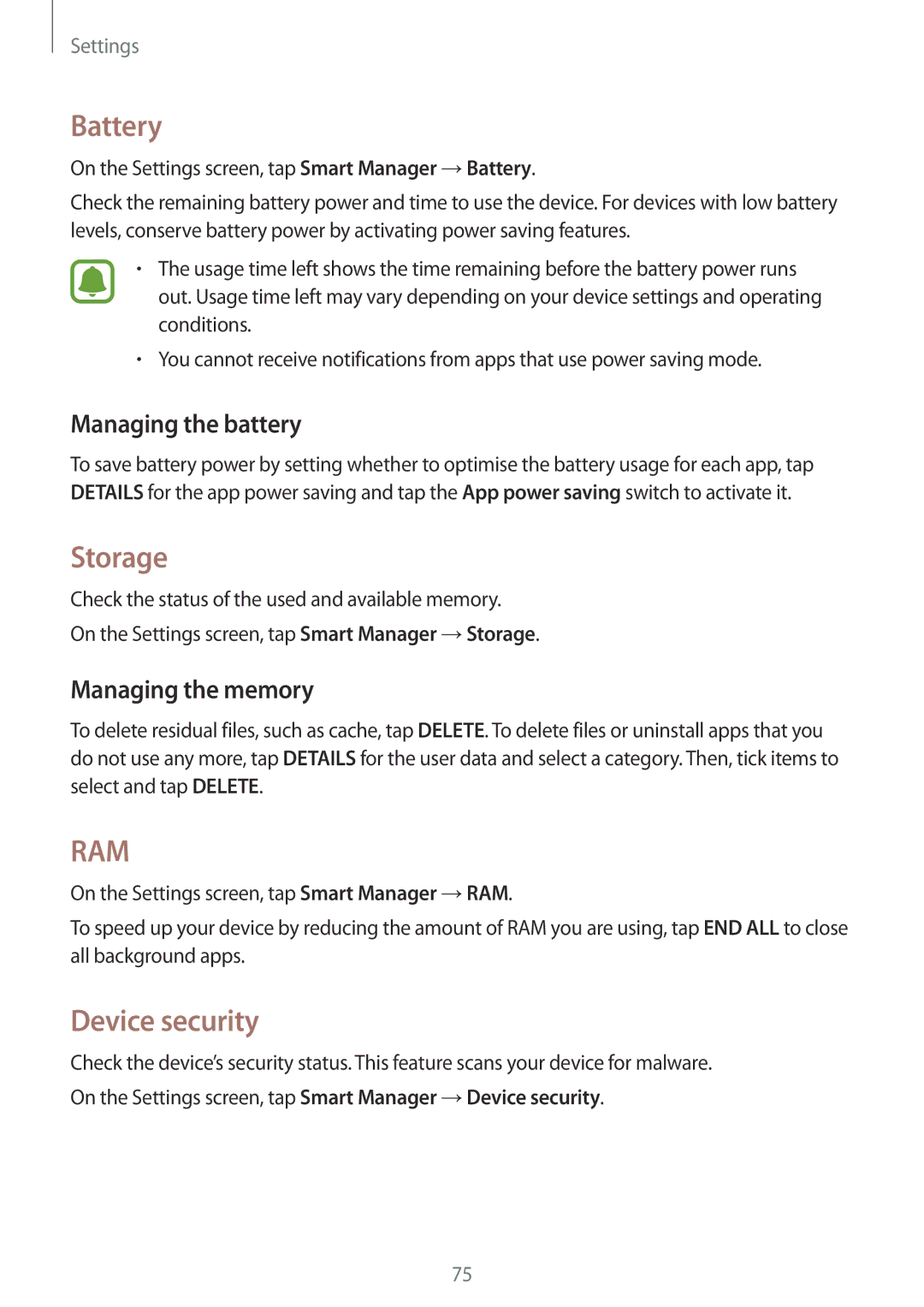 Samsung SM-T813NZDEPHN, SM-T813NZWEDBT manual Battery, Storage, Device security, Managing the battery, Managing the memory 