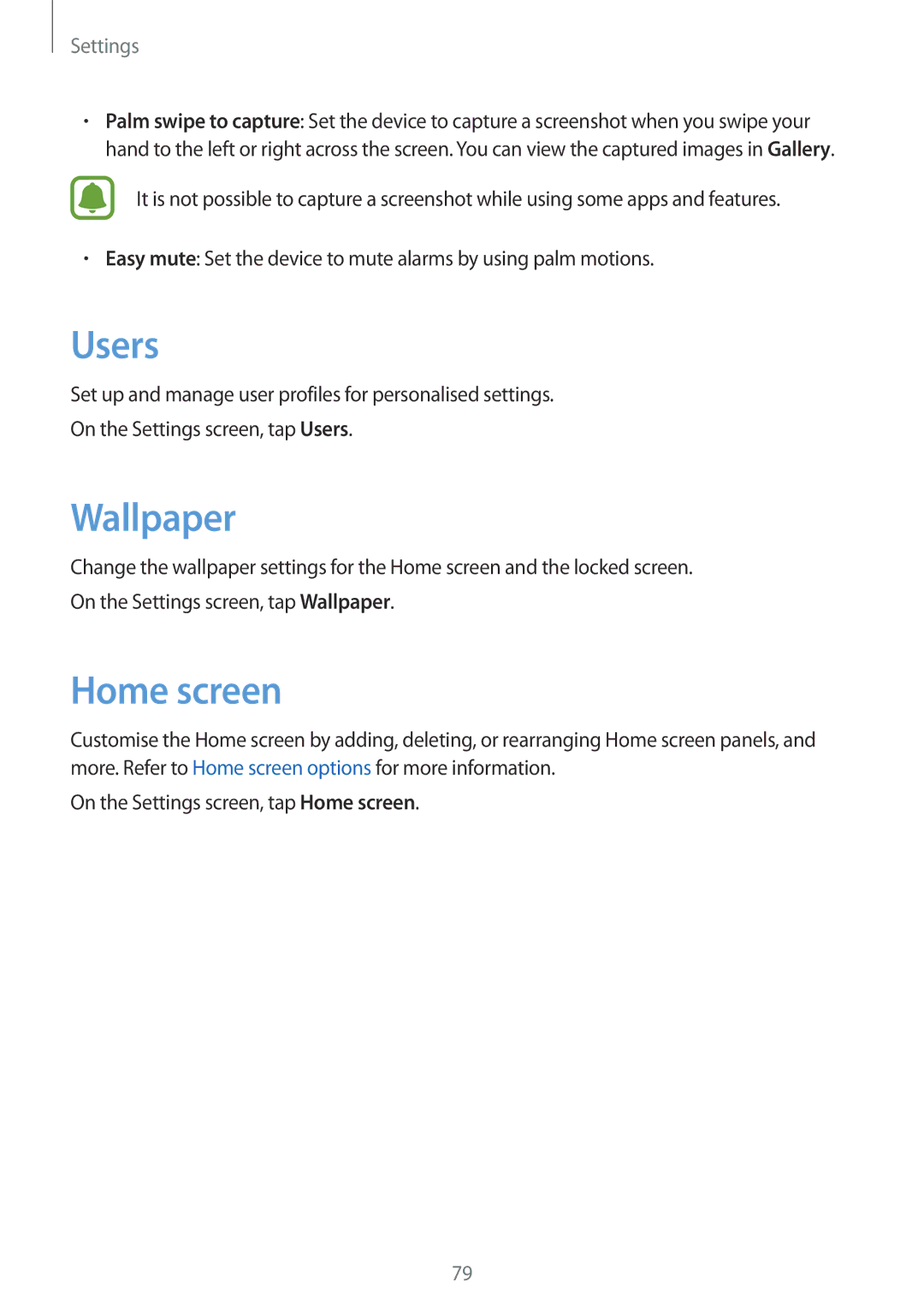 Samsung SM-T713NZKELUX, SM-T813NZWEDBT, SM-T813NZKEDBT manual Users, Wallpaper, On the Settings screen, tap Home screen 