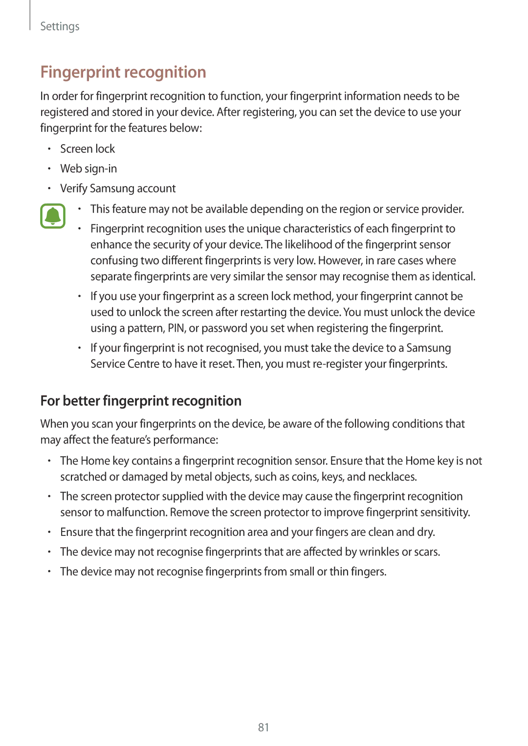 Samsung SM-T713NZKEITV, SM-T813NZWEDBT, SM-T813NZKEDBT manual Fingerprint recognition, For better fingerprint recognition 