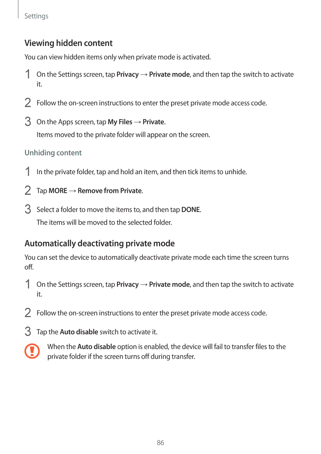 Samsung SM-T813NZDELUX Viewing hidden content, Automatically deactivating private mode, Tap More →Remove from Private 