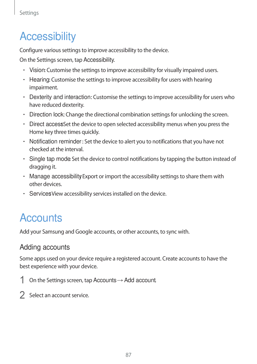 Samsung SM-T713NZDELUX, SM-T813NZWEDBT, SM-T813NZKEDBT, SM-T713NZKETPH manual Accessibility, Accounts, Adding accounts 