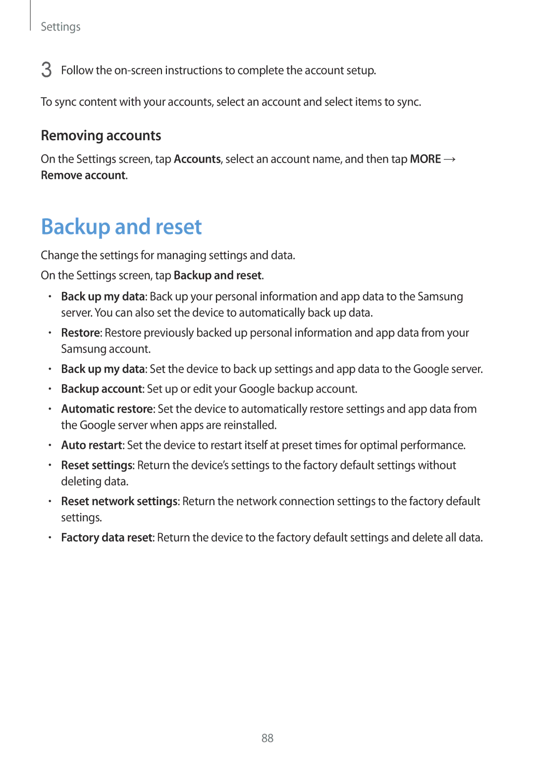 Samsung SM-T713NZWEPHE, SM-T813NZWEDBT, SM-T813NZKEDBT, SM-T713NZKETPH, SM-T713NZKEEUR Backup and reset, Removing accounts 