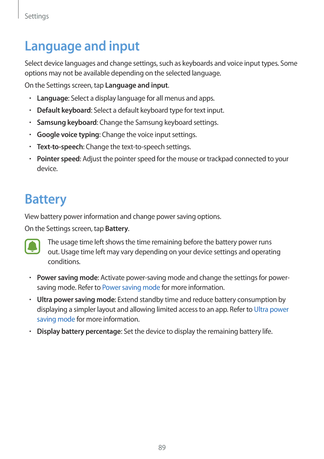 Samsung SM-T813NZKEPHE, SM-T813NZWEDBT, SM-T813NZKEDBT, SM-T713NZKETPH, SM-T713NZKEEUR manual Language and input, Battery 