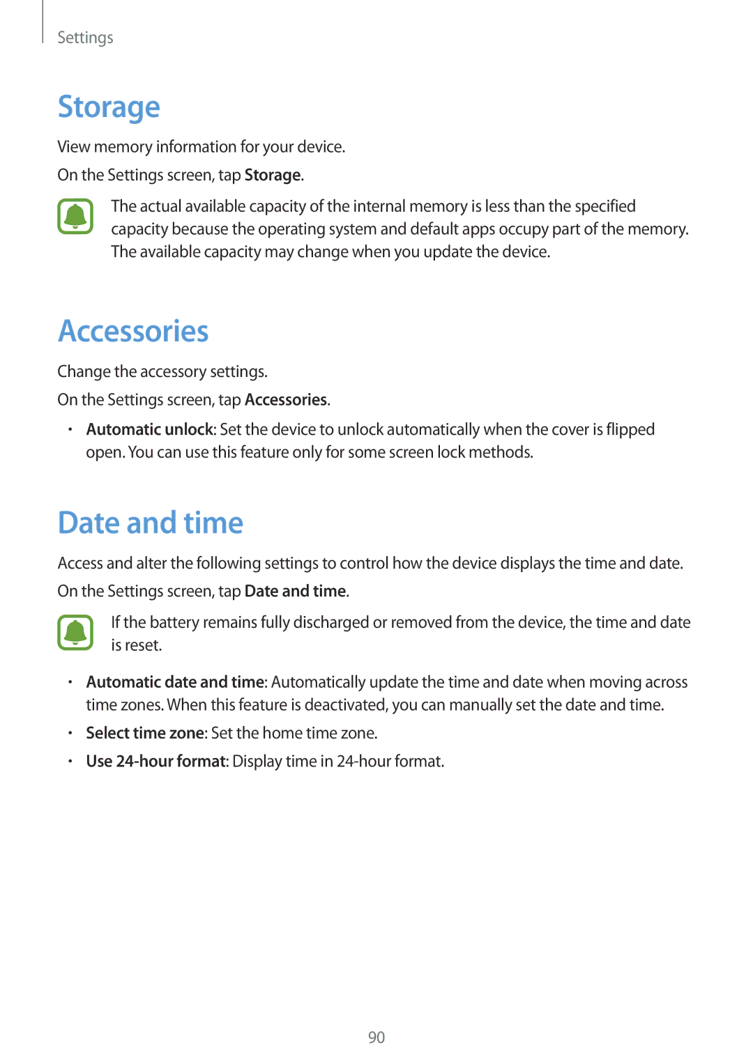 Samsung SM-T813NZWEPHE, SM-T813NZWEDBT, SM-T813NZKEDBT, SM-T713NZKETPH, SM-T713NZKEEUR Storage, Accessories, Date and time 