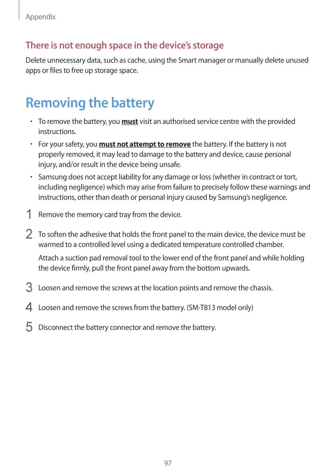 Samsung SM-T813NZKENEE, SM-T813NZWEDBT, SM-T813NZKEDBT Removing the battery, Remove the memory card tray from the device 