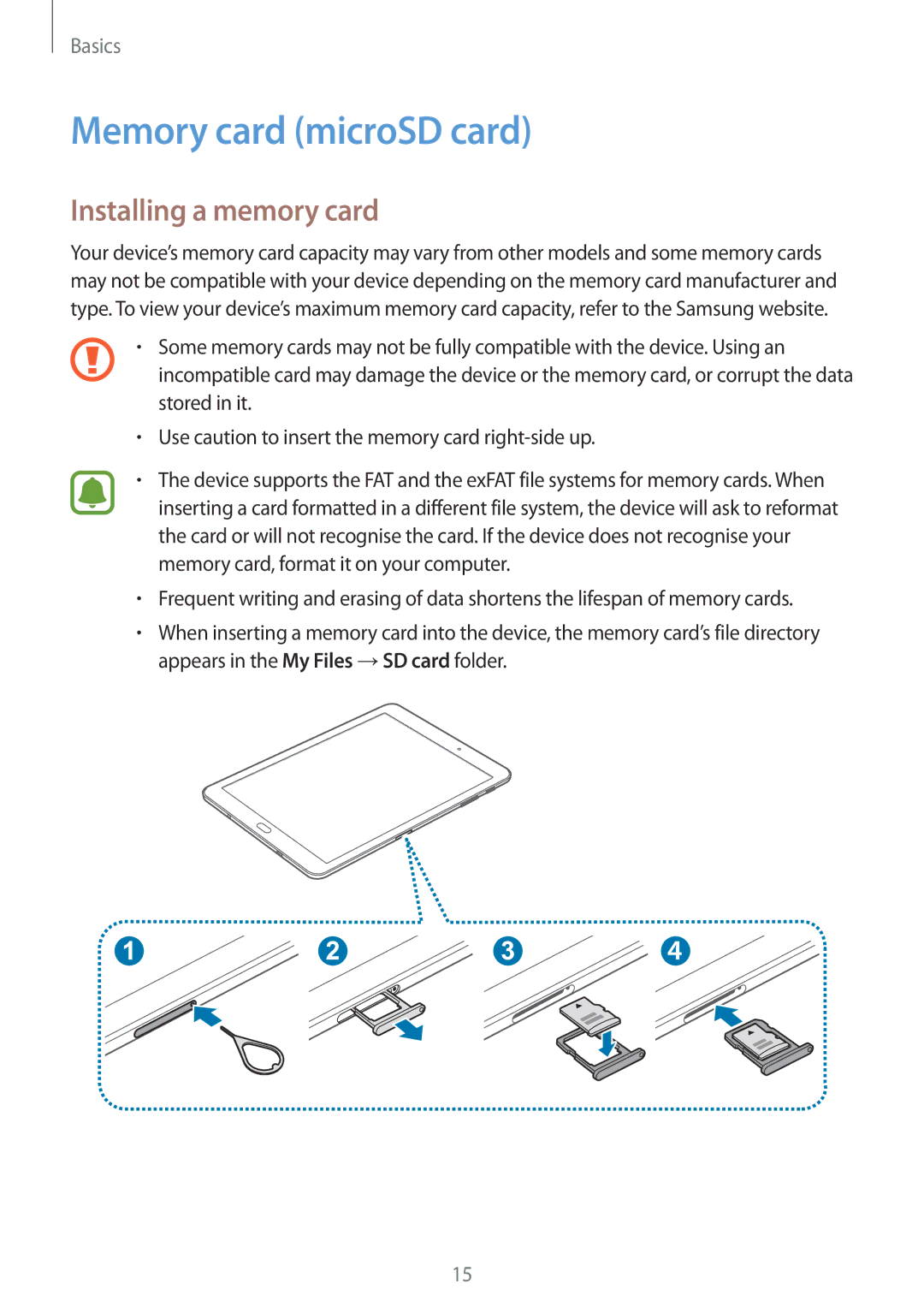 Samsung SM-T713NZWEITV, SM-T813NZWEDBT, SM-T813NZKEDBT, SM-T713NZKETPH Memory card microSD card, Installing a memory card 