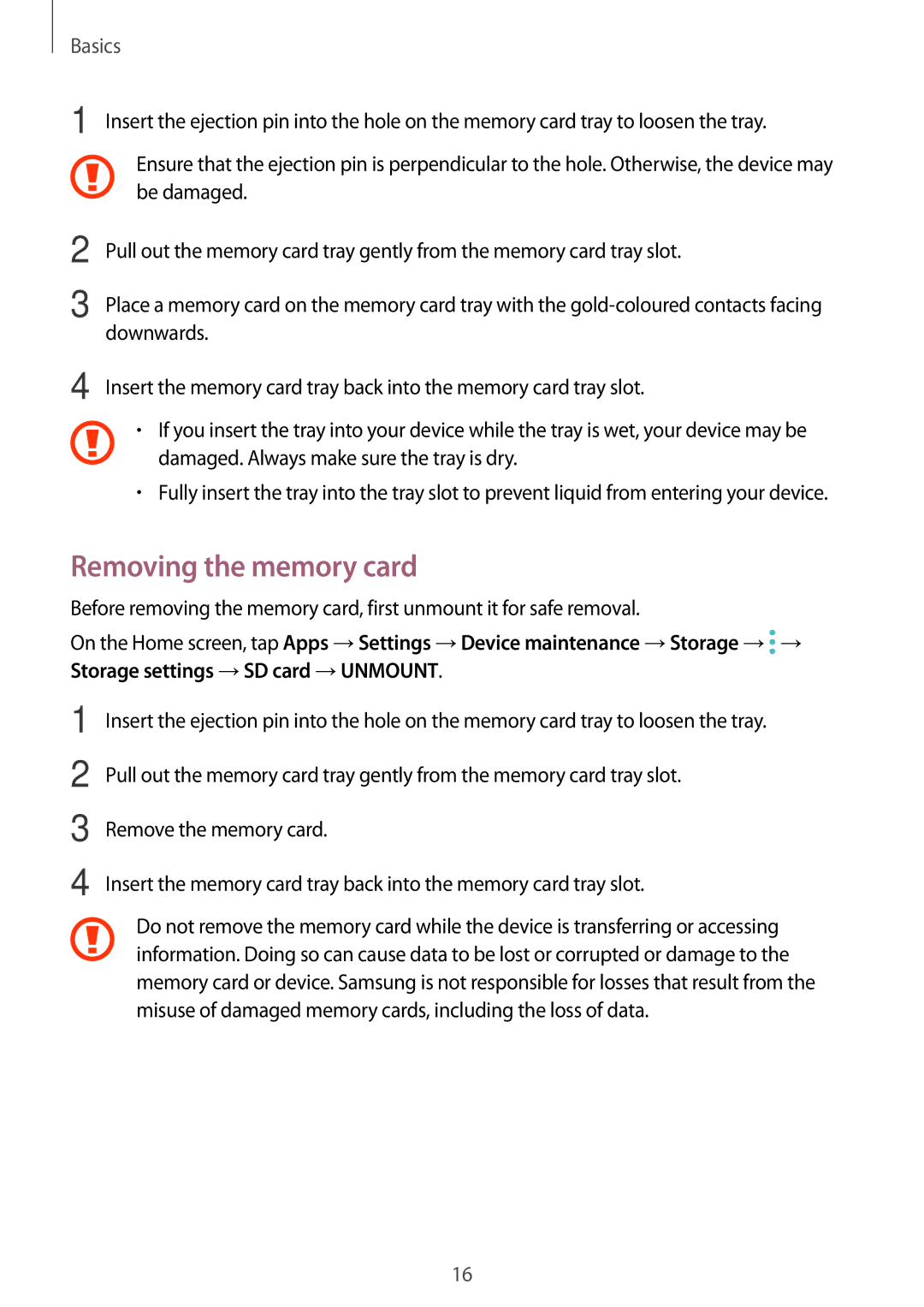 Samsung SM-T713NZKETUR, SM-T813NZWEDBT, SM-T813NZKEDBT, SM-T713NZKETPH, SM-T713NZKEEUR manual Removing the memory card 