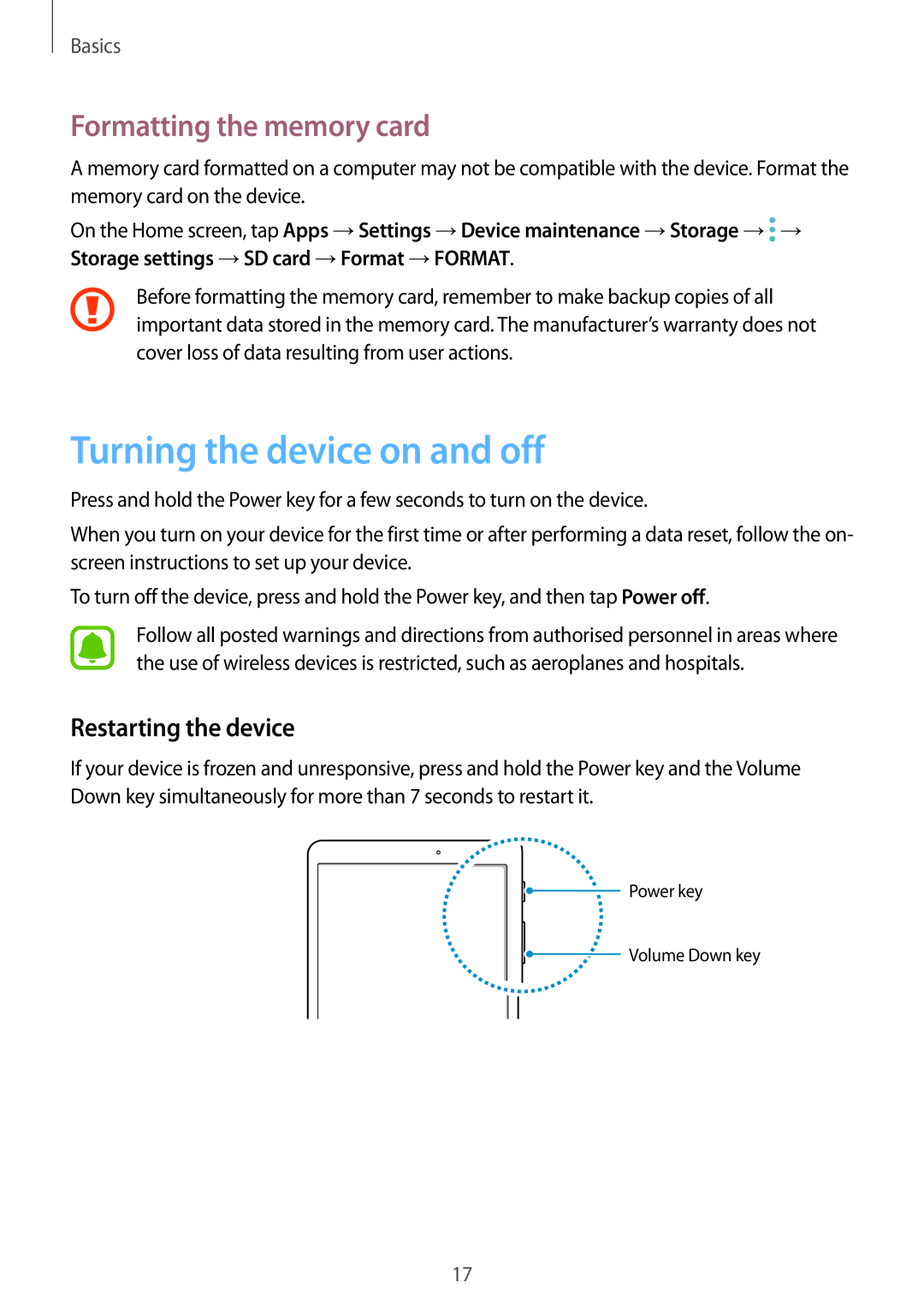 Samsung SM-T813NZWETUR, SM-T813NZWEDBT Turning the device on and off, Formatting the memory card, Restarting the device 