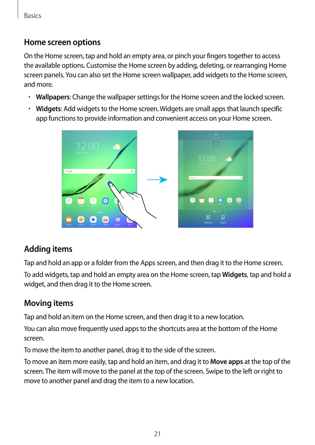 Samsung SM-T713NZWEPHN, SM-T813NZWEDBT, SM-T813NZKEDBT, SM-T713NZKETPH manual Home screen options, Adding items, Moving items 