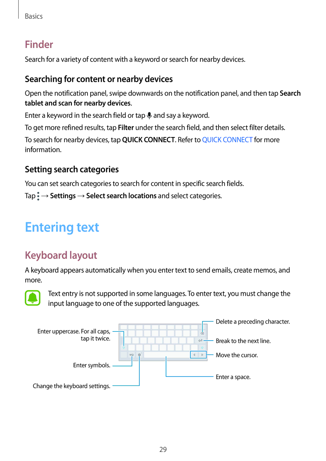 Samsung SM-T813NZDELUX, SM-T813NZWEDBT Entering text, Finder, Keyboard layout, Searching for content or nearby devices 