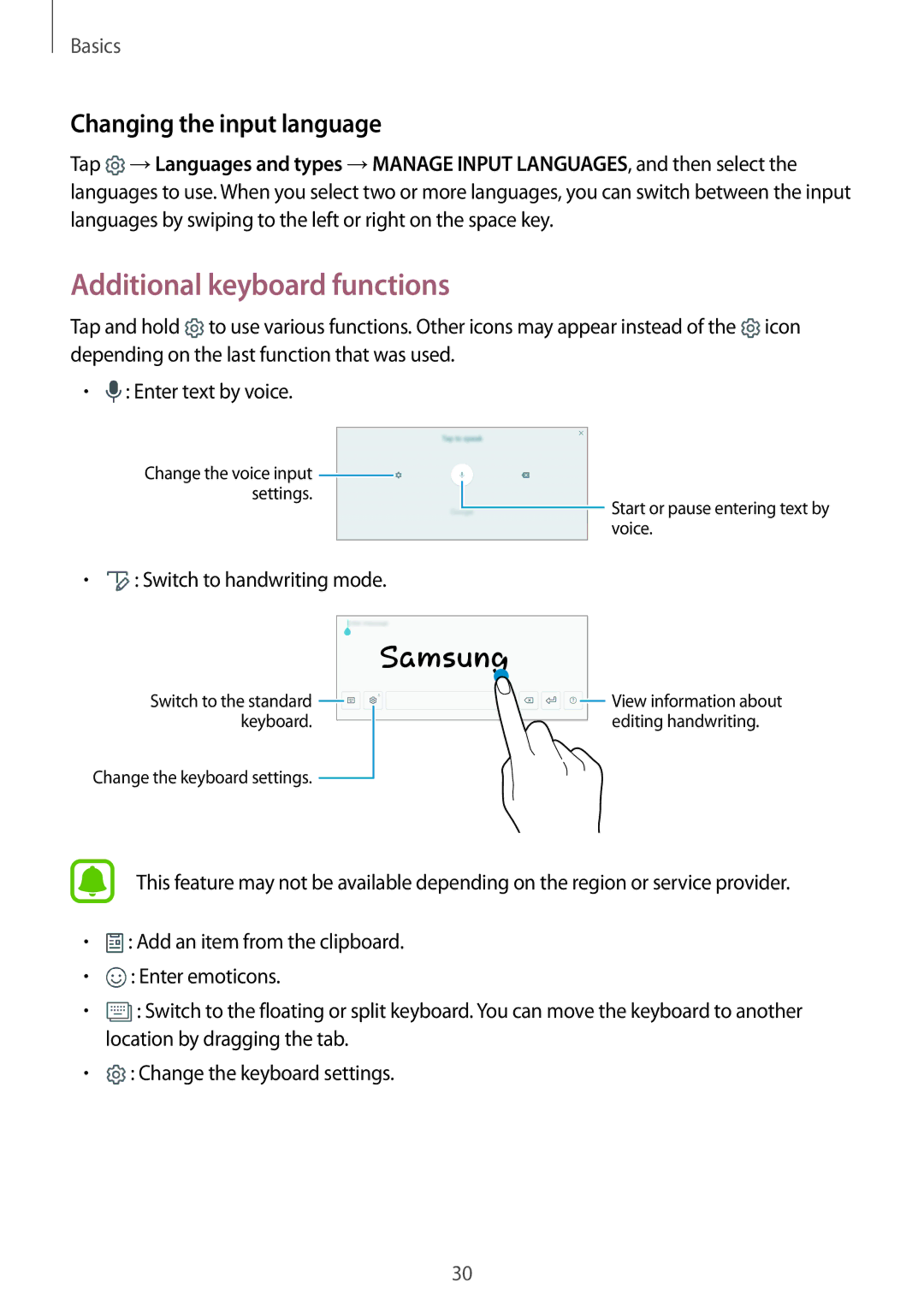 Samsung SM-T713NZDELUX, SM-T813NZWEDBT, SM-T813NZKEDBT manual Additional keyboard functions, Changing the input language 