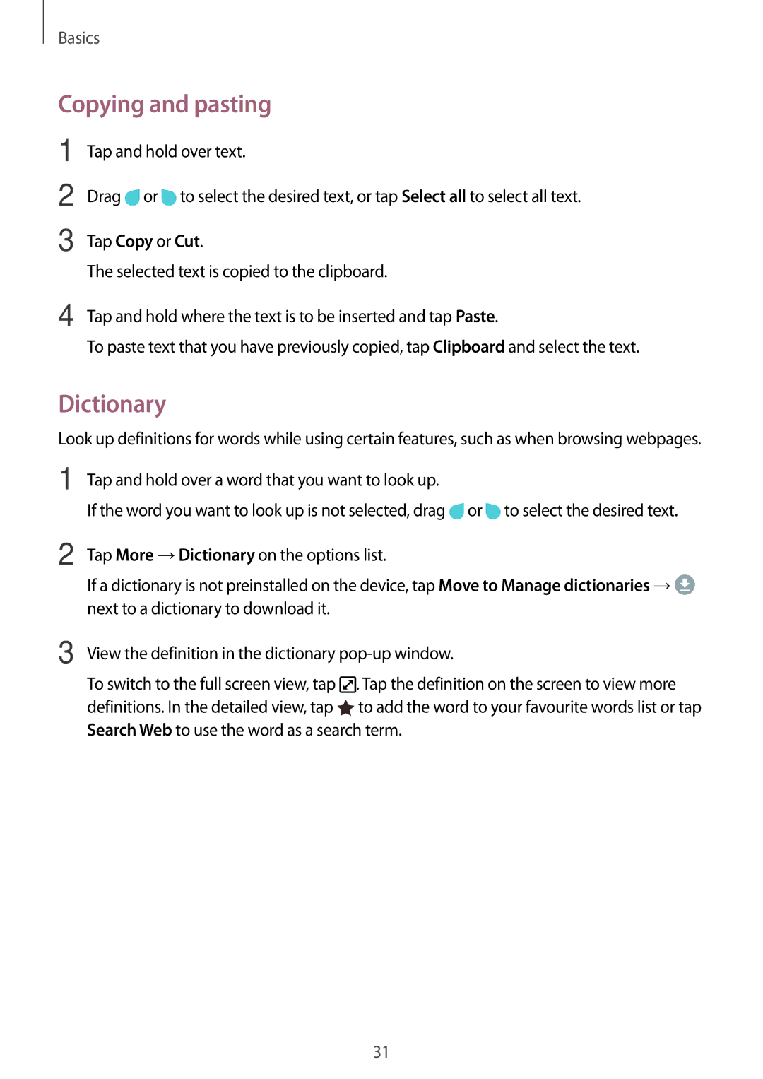 Samsung SM-T713NZWEPHE, SM-T813NZWEDBT, SM-T813NZKEDBT, SM-T713NZKETPH, SM-T713NZKEEUR manual Copying and pasting, Dictionary 
